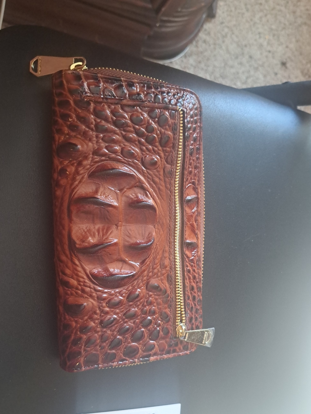 Brown Croc-Embossed Zip Wallet with Gold Plate - Picture 2 of 8